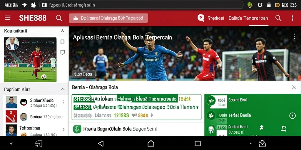 Screenshot utama SHE888 menunjukkan antarmuka aplikasi berita olahraga bola yang informatif.